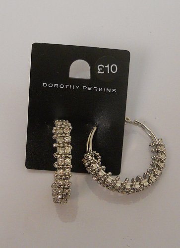 Women Fashion Hoop Earrings Silver Tones Rhinestones Leverback Fastener DOROTHY