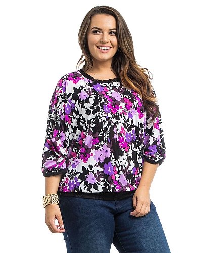 Women Top PLUS SIZE 1X Takuni Floral Scoop Neck Dolman Tab Sleeves Lace Trim