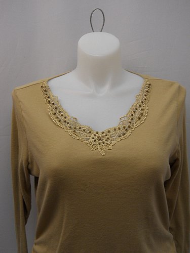 Womens Knit Top PLUS SIZE 2X Long Sleeve Embellished V Neck Taupe