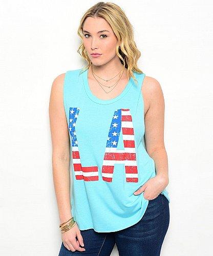 Women LA Knit Top PLUS SIZE 1X 2X 3X Mint Scoop Neck LIBIAN Deep Cut Sleeveless