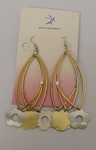 Women Fashion Drop Dangle Earrings Triple Loop Flowers Rhinestones Gold Tones