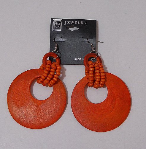 Women Fashion Earrings Drop Dangle Orange Wooden Rings PLUS ONE JEWELRY Hook