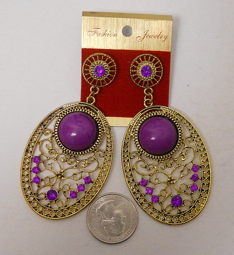Women Earrings Gold Ovals Purple Rhinestones Fashion Drop Dangle FASHION JEWELRY
