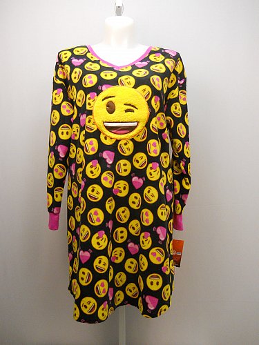 SIZE L/XL 14-18 Womens Fleece Sleep Shirt EMOJI Smiles Long Sleeves V-Neck Pullo