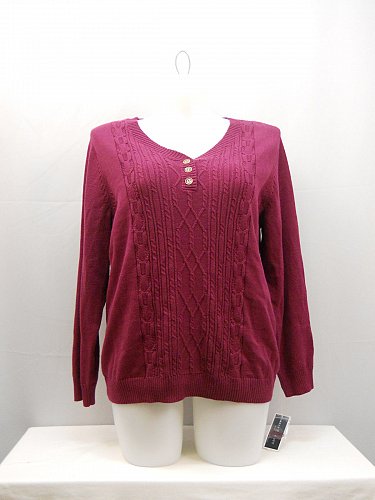 PLUS SIZE 0X Cable Knit Henley Sweater KAREN SCOTT Solid Burgundy Long Sleeves