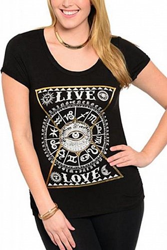 SIZE 1X Womens Knit Top LIBIAN Black Graphic Front LIVE LOVE Ruched Short Sleeve