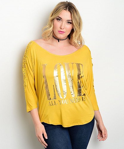 Women Knit Top PLUS SIZE 3X Mustard Crochet Lace All You Need Is LOVE