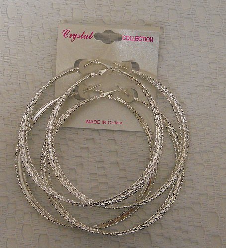 Women Earrings 2 Pair Fashion Triple Hoop Silver Tones Leverback CRYSTAL COLLECT