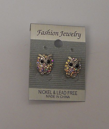 Women Fashion Stud Earrings Owls Rhinestones Silver Tones Push Back Fasteners