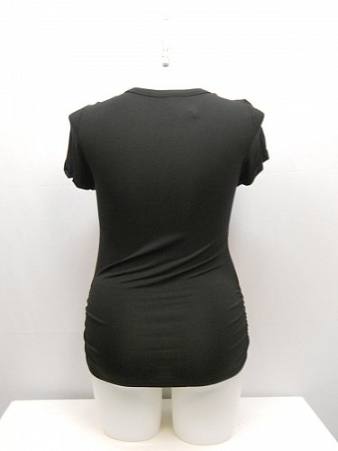 SIZE 1X Womens Knit Top LIBIAN Black Graphic Front LIVE LOVE Ruched Short Sleeve