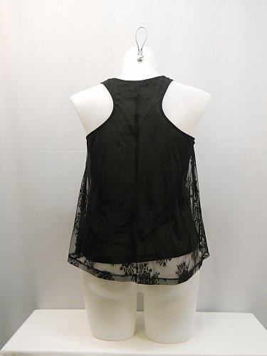 Women Tank Cami Size L Solid Black Scoop Neck Racer Back Lace Layover Sleeveless