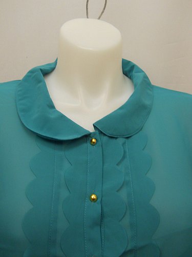 Women Button Shirt Sheer Ruffled PLUS SIZE 3X Solid Teal ROMAN Long Sleeves