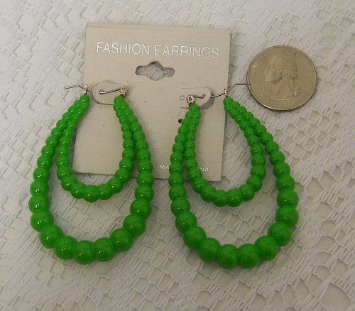 Women Fashion Double Hoop Earrings Green Faux Beads Leverback FASHION EARRINGS