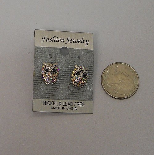 Women Fashion Stud Earrings Owls Rhinestones Silver Tones Push Back Fasteners