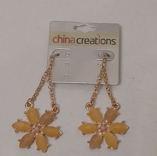 Women Fashion Drop Dangle Earrings Gold Chains Pink Flowers CHINA CREATIONS Hook