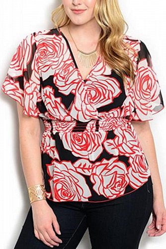 PLUS SIZE 1XL Womens Sheer Peplum Top VIVA YOU Red Floral Flutter Sleeves Wrap