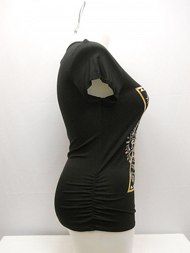 SIZE 1X Womens Knit Top LIBIAN Black Graphic Front LIVE LOVE Ruched Short Sleeve