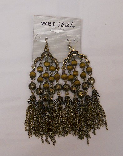 Women Fashion Drop Dangle Earrings Brown Beads Chains Hook Fasteners WET SEAL