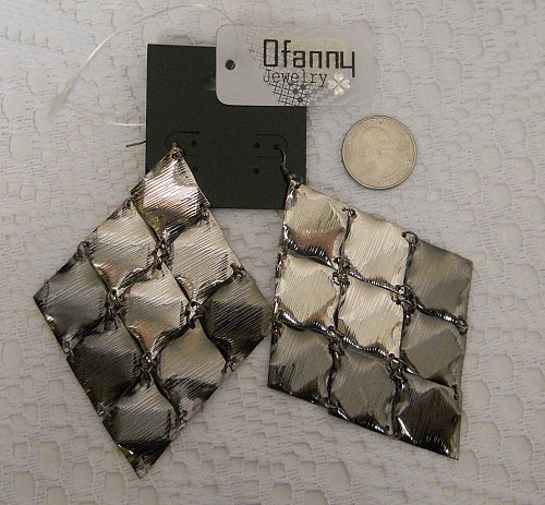 Women Earrings Fashion Drop Dangle Diamond Shaped Silver Tones Hook OFANNY JEWEL