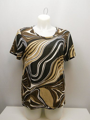 PLUS SIZE 2X Women Knit Top SARA MORGAN Brown Swirls Scoop Neck Short Sleeves