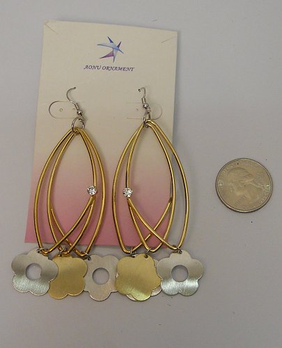 Women Fashion Drop Dangle Earrings Triple Loop Flowers Rhinestones Gold Tones