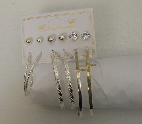 Women Earrings Studs & Hoops Fashion 6 Pair Silver Tones Rhinestones CHLOE ACCES