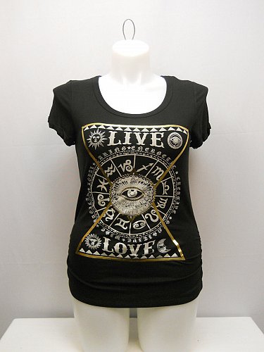 SIZE 1X Womens Knit Top LIBIAN Black Graphic Front LIVE LOVE Ruched Short Sleeve