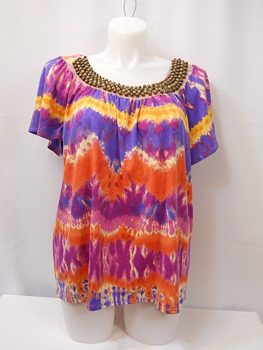 PLUS SIZE 1X Knit Top Womens ELEMENTZ Beaded Tie-Dyed Rainbow Color Scoop Neck