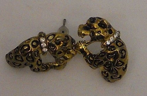 Womens Fashion Stud Earrings Gold Tone Leopards Rhinestone Collar Push Backs