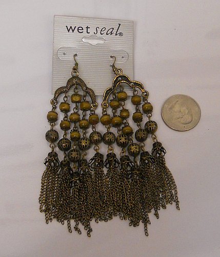 Women Fashion Drop Dangle Earrings Brown Beads Chains Hook Fasteners WET SEAL