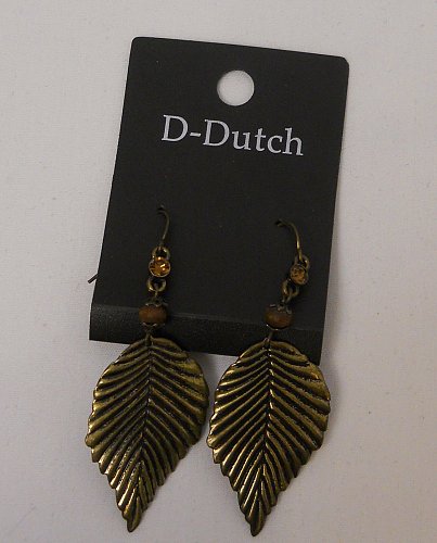 Women Fashion Drop Dangle Leaf Earrings Brassy Gold Tones Rhinestones D-DUTCH