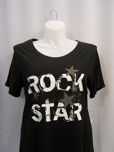 INC Womens T-Shirt Plus Size 0X Jeweled Black Rock Star Short Sleeve Scoop Neck