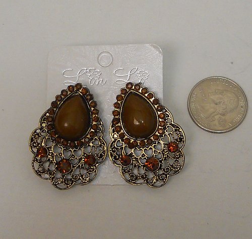 Women Fashion Stud Earrings Brown Beads Rhinestones LIN LI Push Back