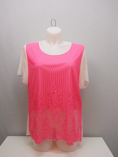 PLUS SIZE 1XL 2XL 3XL Womens Tunic Top ANGELA White Pink Lace Overlay Scoop Neck