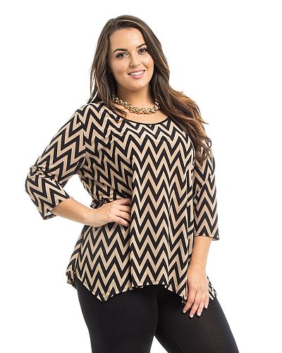 PLUS SIZE 2XL3XL Shark Bite Top BLACK N BLUE Beige Zigzag Scoop Neck 3/4 Sleeve