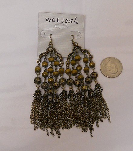 Women Fashion Drop Dangle Earrings Brown Beads Chains Hook Fasteners WET SEAL