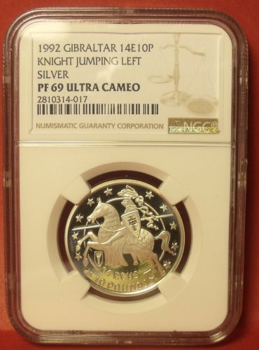 Gibraltar 1992 Silver 14 Ecus 10 Pounds NGC PF-69 UC~Knight Jumping Left~Highest