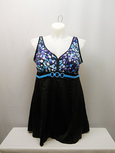 SIZE 22 Women 1PC Empire Swimdress SWIM365 Black Multi Dots V-Neck Adjustable St