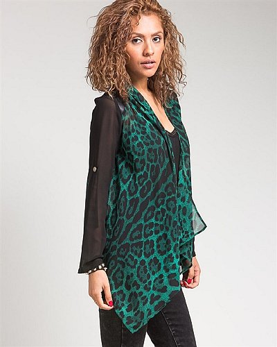 SIZE L Women Sheer Wrap Cardigan LOVE TREE Green Animal Long Sleeve Faux Leather