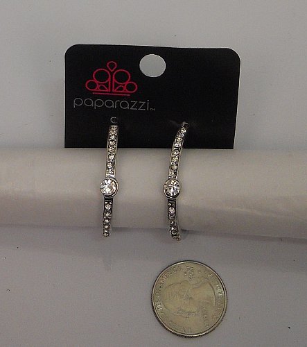 Women Earrings Fashion Hoop Rhinestones Silver Tones Push Back Fastener PAPARAZZ