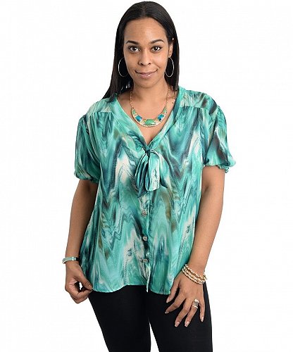 Plus Size 2X Womens Button Blouse BLUE NOTE Jade Emerald Neck Tie Short Sleeves