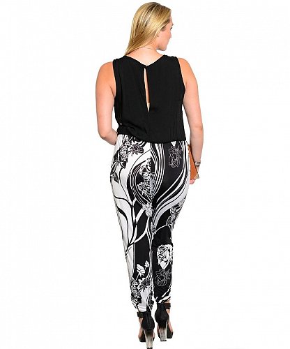 Size 3XL Womens Jumpsuit JANETTE PLUS Black White Floral Sleeveless Scoop Neck