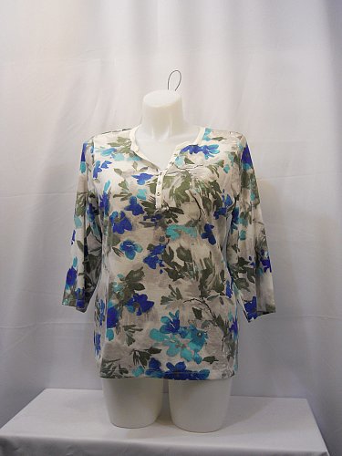 PLUS SIZE 0X Women T-Shirt KAREN SCOTT Blue Floral 3/4 Sleeves V Neck Pullover