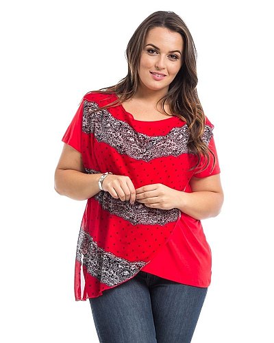 PLUS SIZE 1X 3X Women Knit Top DILA Red Chiffon Overlay Short Sleeve Scoop Neck