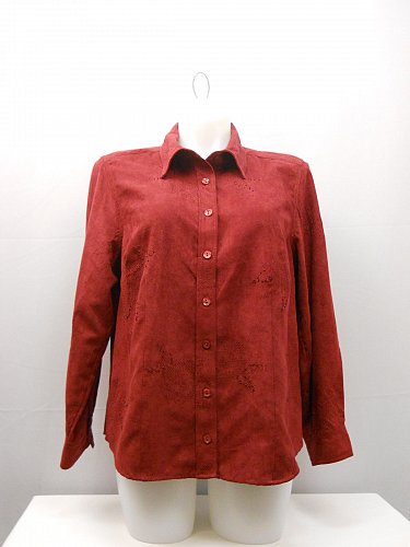 PLUS SIZE 2X Button Shirt NORTON MCNAUGHTON Red Faux Suede Beaded Long Sleeves
