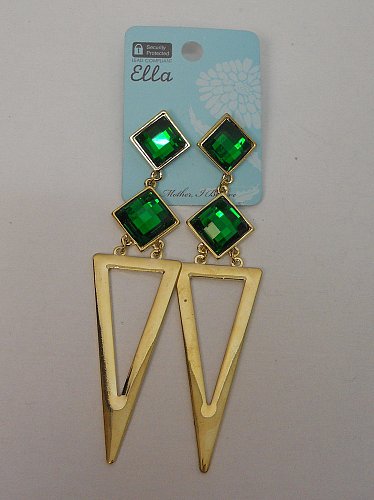 Earrings Women Fashion Drop Dangle Gold Tones Green Rhinestones ELLA Push Backs