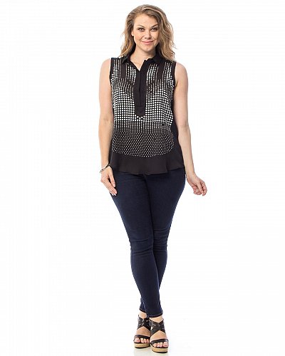 SIZE 3XL Women Sheer Top Solid Black Studded Front Collared Neck Sleeveless