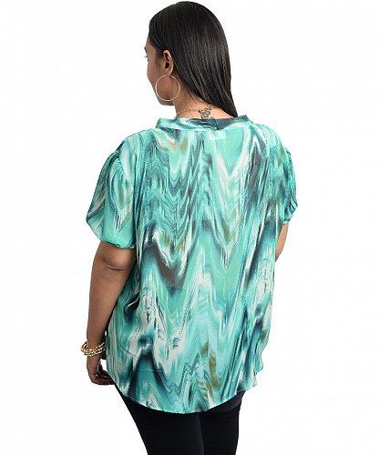 Plus Size 2X Womens Button Blouse BLUE NOTE Jade Emerald Neck Tie Short Sleeves