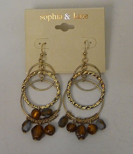 Women Earrings 3 Gold Hoops Brown Beads SOPHIA & KATE Fashion Drop Dangle Hook