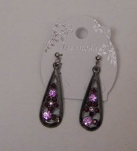 Women Fashion Drop Dangle Earrings Purple Rhinestones IRIS MODA Push Backs